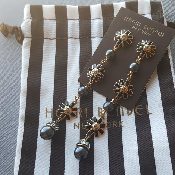 RARE Henri Bendel Black PEARL Cocktail Dangle Drop Earrings Yellow GOLD Swarovsk - Picture 10 of 10